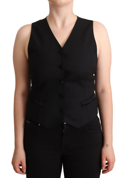 Dolce &amp; Gabbana Black Button Down Sleeveless Viscose Vest Top