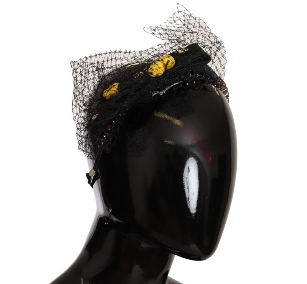 Dolce &amp; Gabbana Silver Tiara Crystals Fruits Black Mesh Diadem Headband