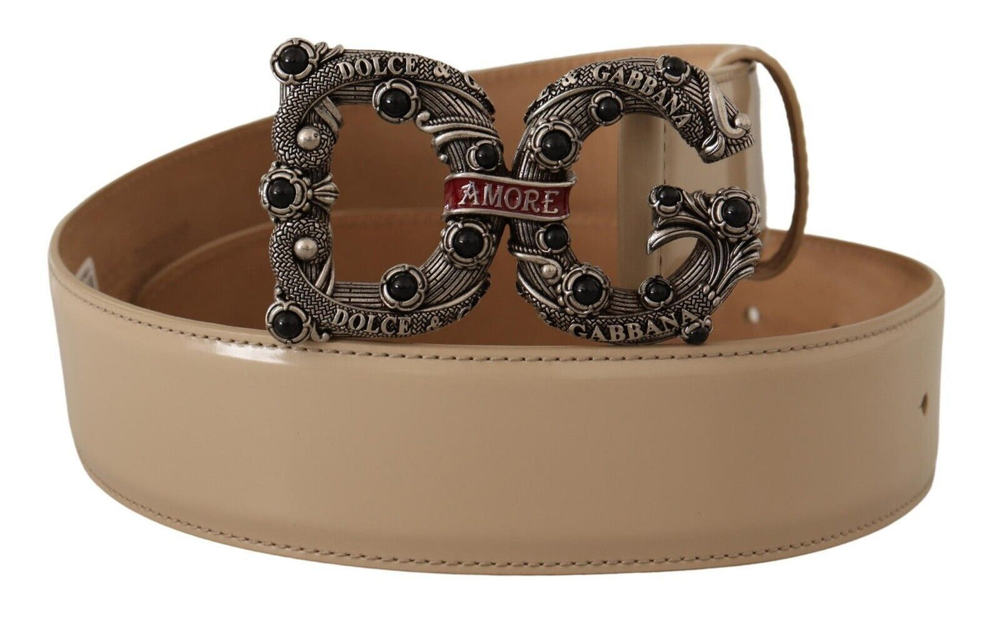 Dolce &amp; Gabbana Beige Leather Silver Logo Buckle Amore Belt