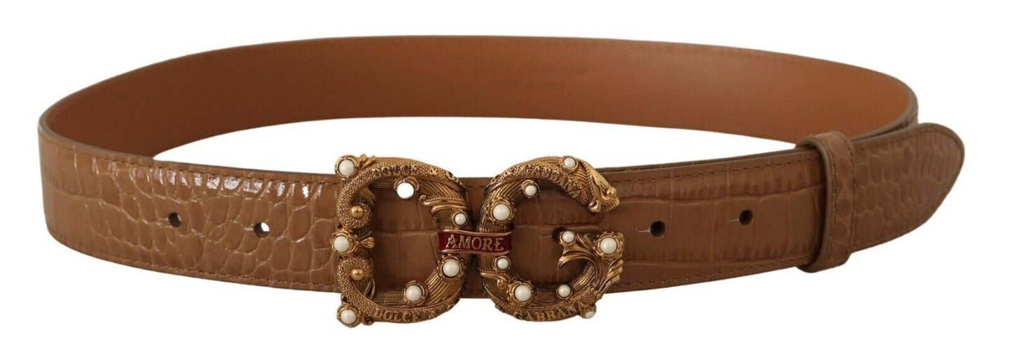 Dolce &amp; Gabbana Brown Crocodile Pattern Leather Logo Amore Belt