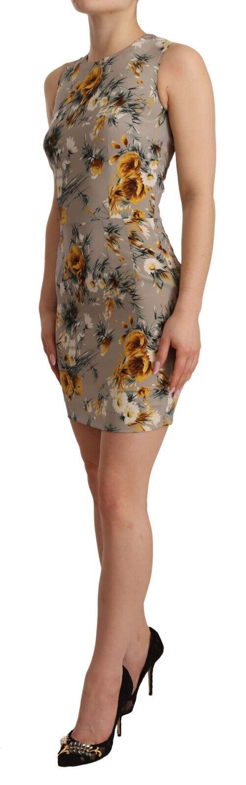 Dolce &amp; Gabbana Grey Silk Stretch Floral Sheath Mini Dress