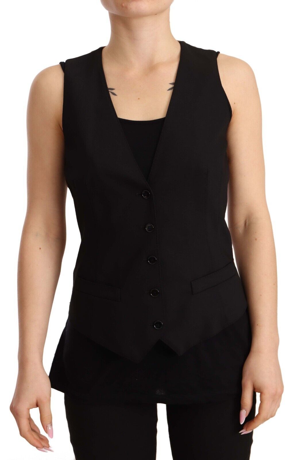 Dolce &amp; Gabbana Black Button Downless Sleeveless Vest Wool Top