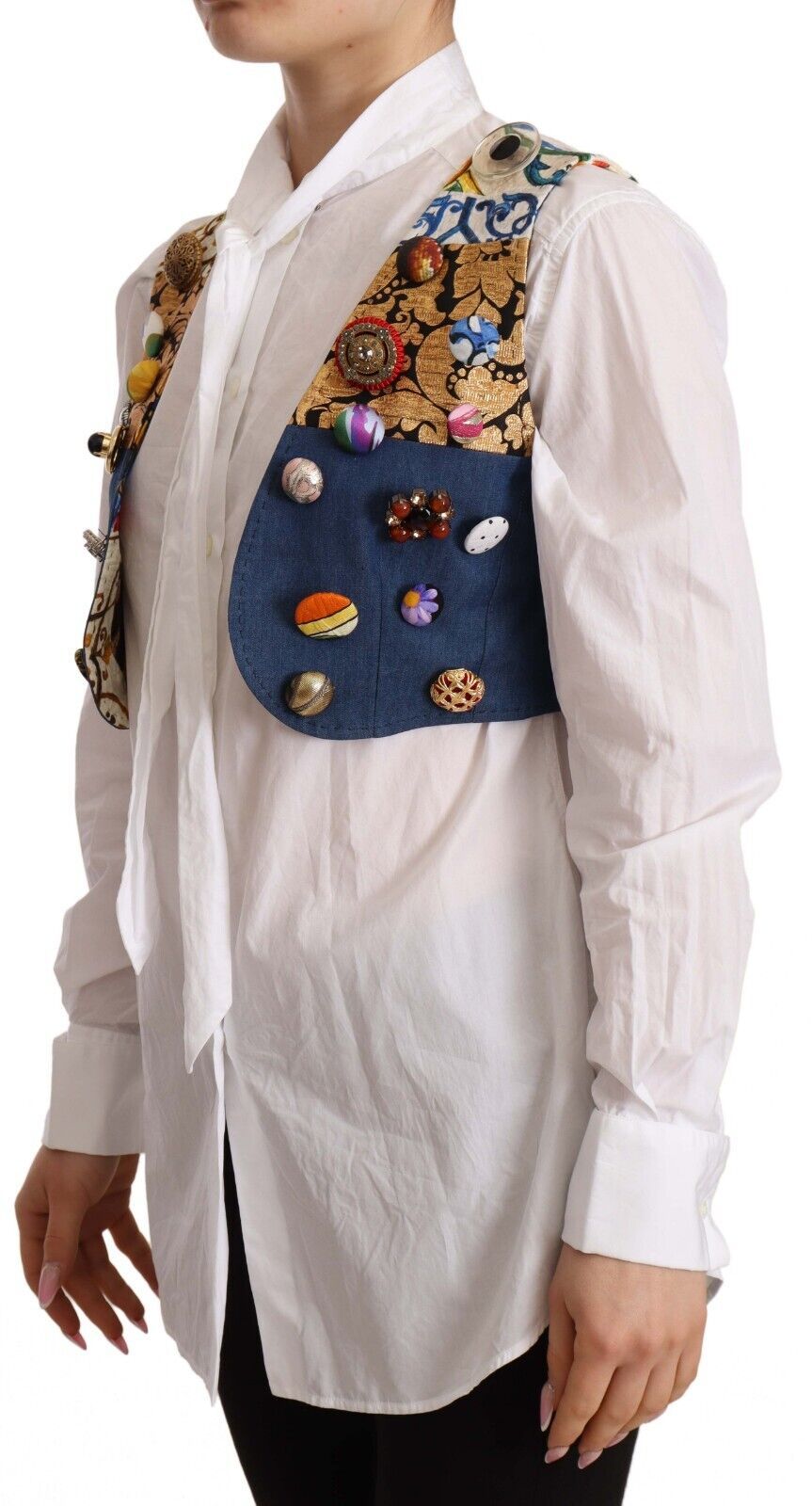 Dolce &amp; Gabbana Multicolor Embellished Waist Coat Cotton Top