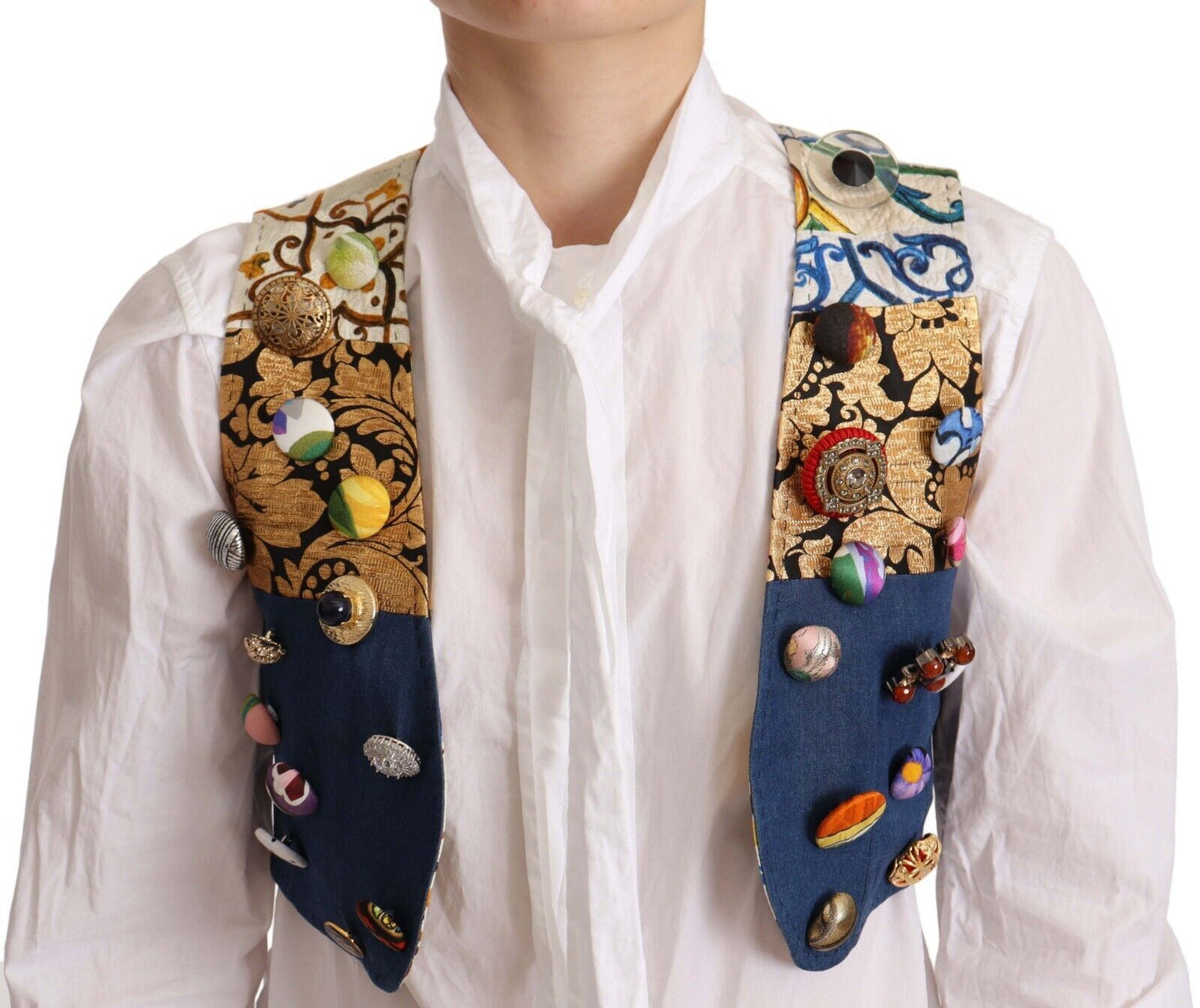 Dolce &amp; Gabbana Multicolor Embellished Waist Coat Cotton Top