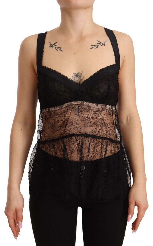 Dolce &amp; Gabbana Schwarzes Babydoll-Dessous-Oberteil aus Seidenspitze und Nylon