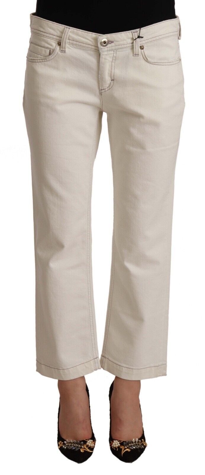 Dolce &amp; Gabbana Off White Cotton Flared Cropped Denim Jeans