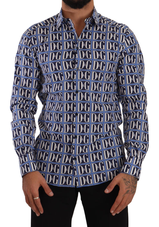 Dolce &amp; Gabbana Blue Logo Mania Slim Fit Baumwollhemd