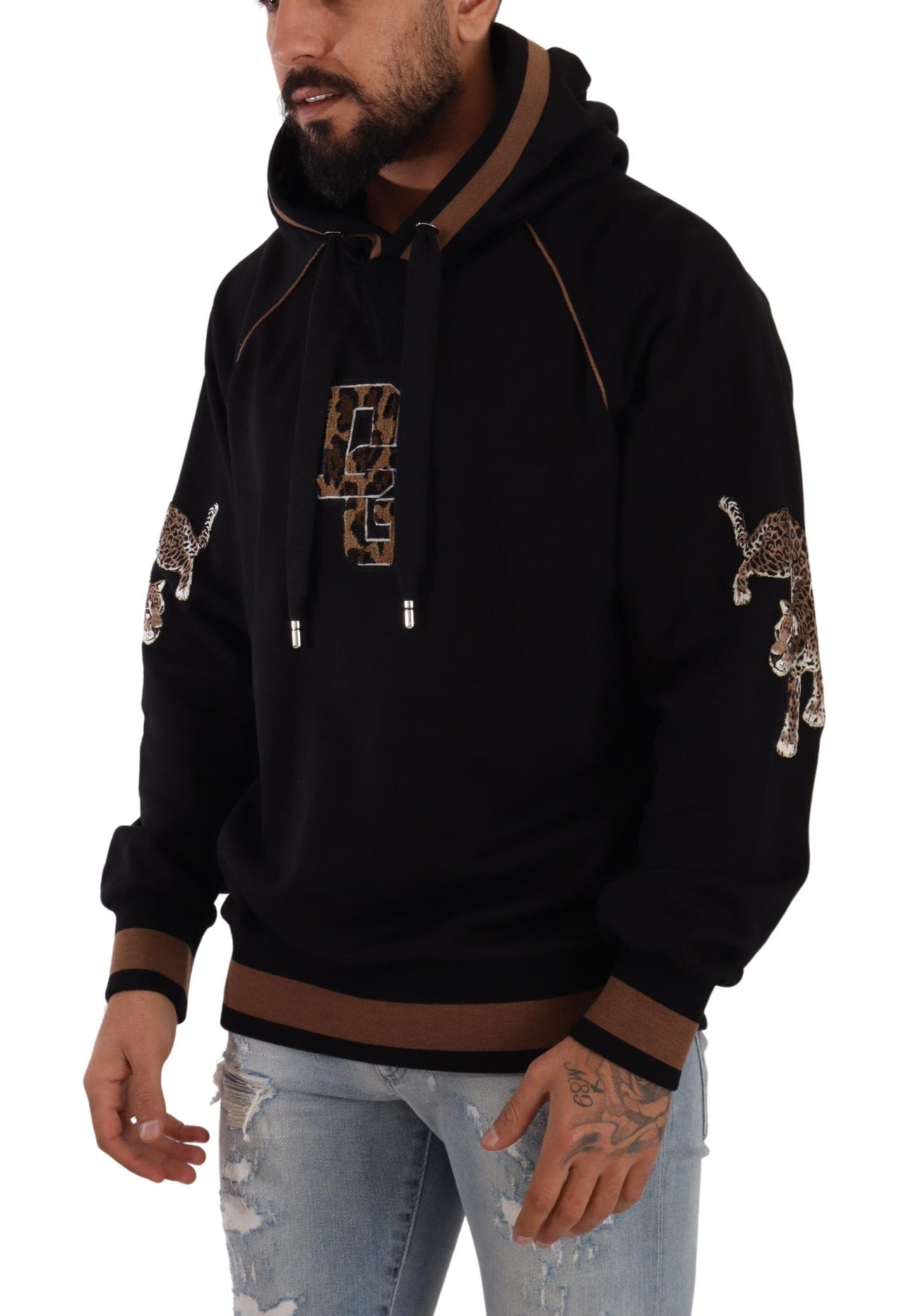 Dolce &amp; Gabbana Black Brown Leopard Cotton Hooded Pullover Sweater