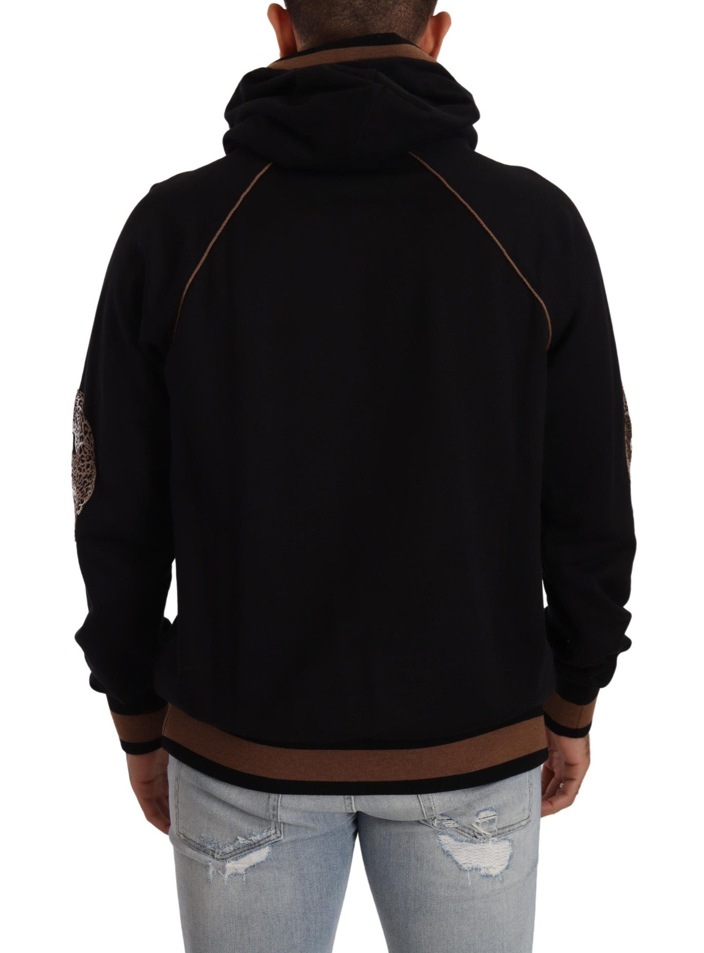 Dolce &amp; Gabbana Black Brown Leopard Cotton Hooded Pullover Sweater