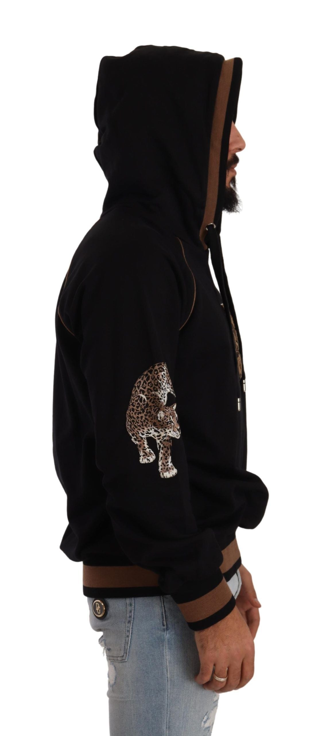 Dolce &amp; Gabbana Black Brown Leopard Cotton Hooded Pullover Sweater