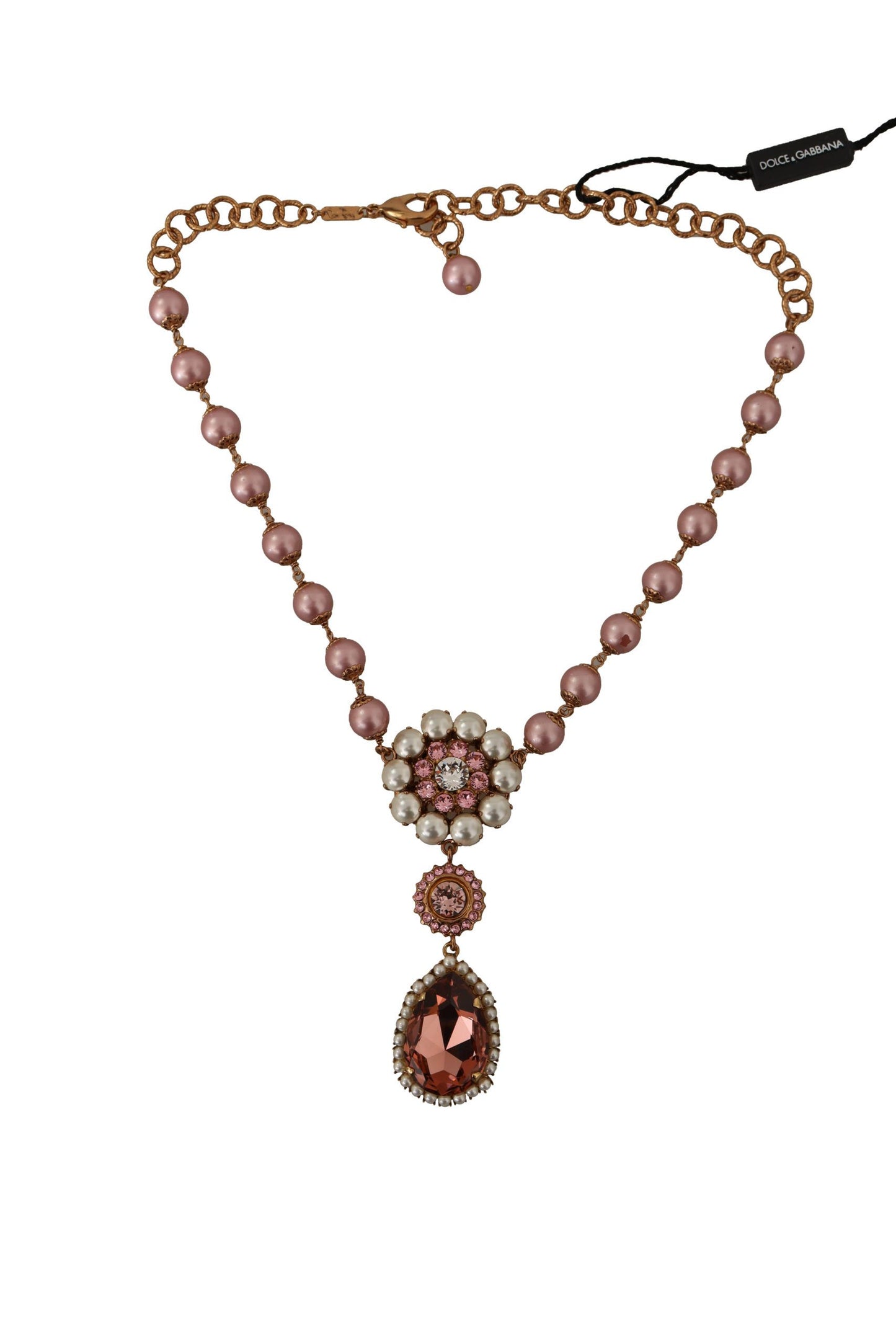 Dolce &amp; Gabbana Gold Tone Brass Pink Beaded Pearls Crystal Pendant Necklace