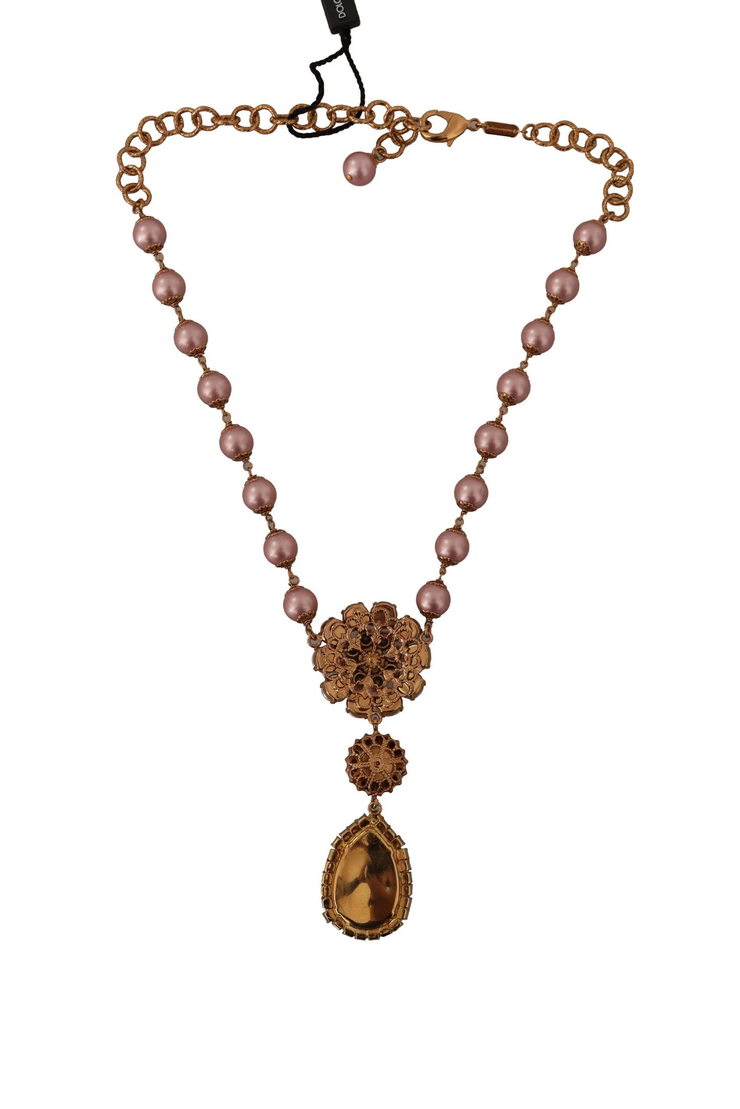 Dolce &amp; Gabbana Gold Tone Brass Pink Beaded Pearls Crystal Pendant Necklace