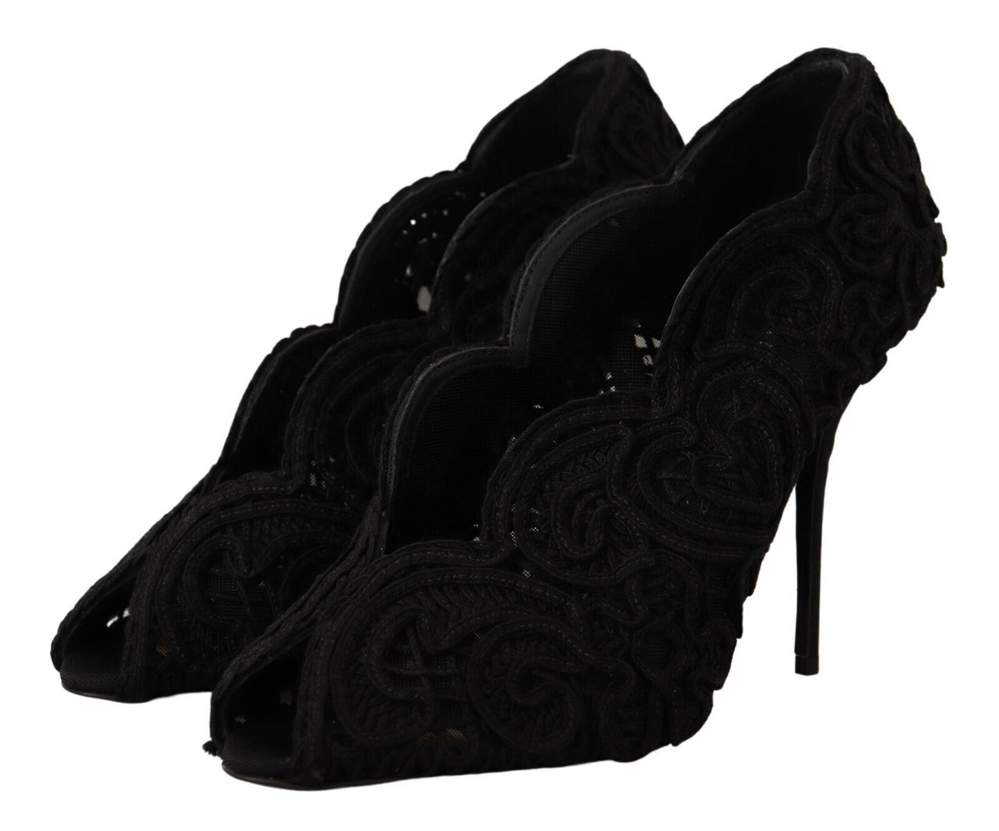 Dolce &amp; Gabbana Black Cordonetto Ricamo Pump Open Toe Shoes