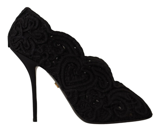 Schwarze Cordonetto Ricamo Pump-Schuhe mit offener Zehenpartie von Dolce &amp; Gabbana