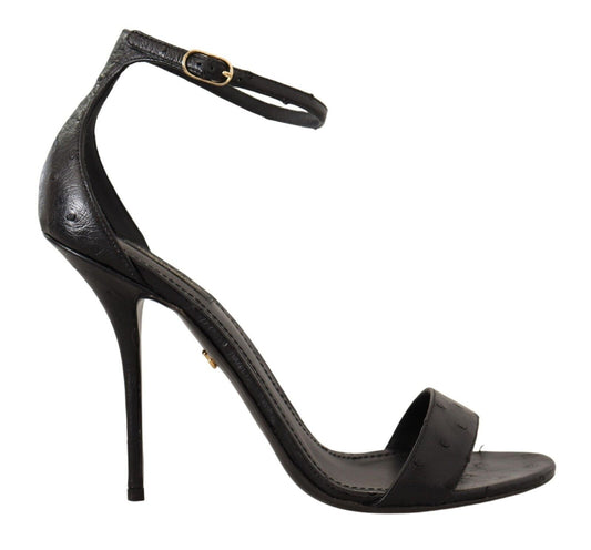 Dolce &amp; Gabbana Black Ostrich Ankle Strap Heels Sandals Shoes