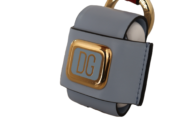 Dolce &amp; Gabbana Airpods-Hülle aus hellblau-rotem Lederarmband mit goldfarbenem Metall