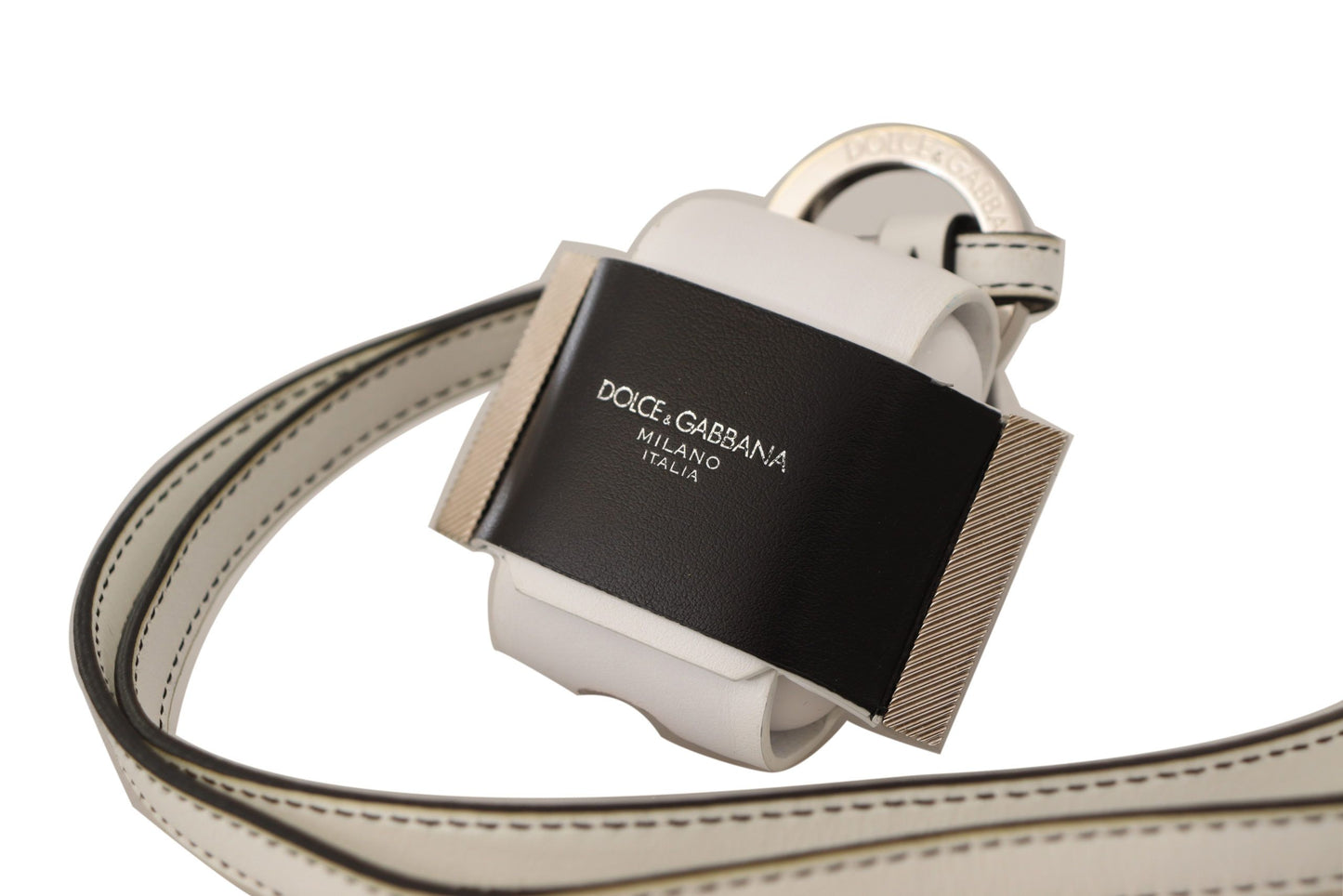 Dolce &amp; Gabbana White Black Leather Strap Silver Metal Logo Airpods Case