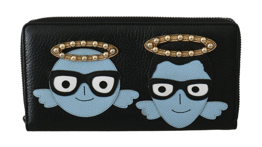 Dolce &amp; Gabbana Black Blue Leather #DGFAMILY Zipper Continental Wallet