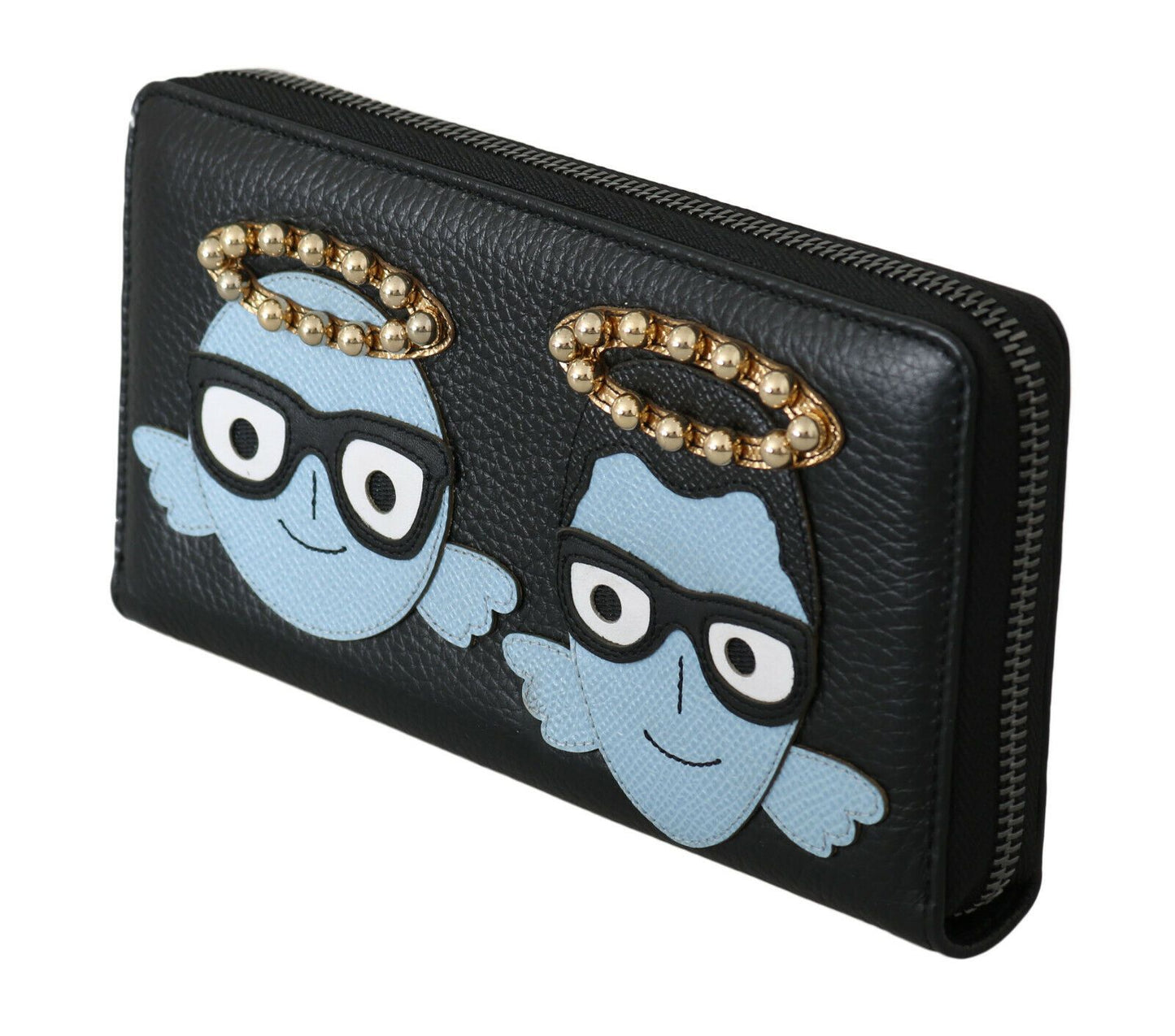 Dolce &amp; Gabbana Black Blue Leather #DGFAMILY Zipper Continental Wallet