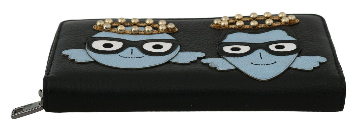 Dolce &amp; Gabbana Black Blue Leather #DGFAMILY Zipper Continental Wallet