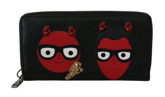 Dolce &amp; Gabbana Black Red Leather #DGFAMILY Zipper Continental Wallet