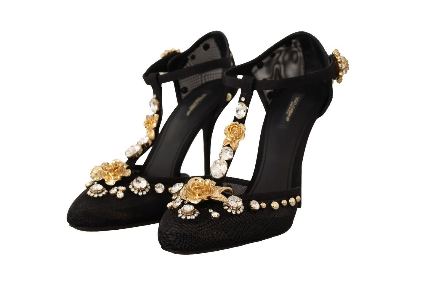 Dolce &amp; Gabbana Black Mesh Crystals T-strap Heels Pumps Shoes