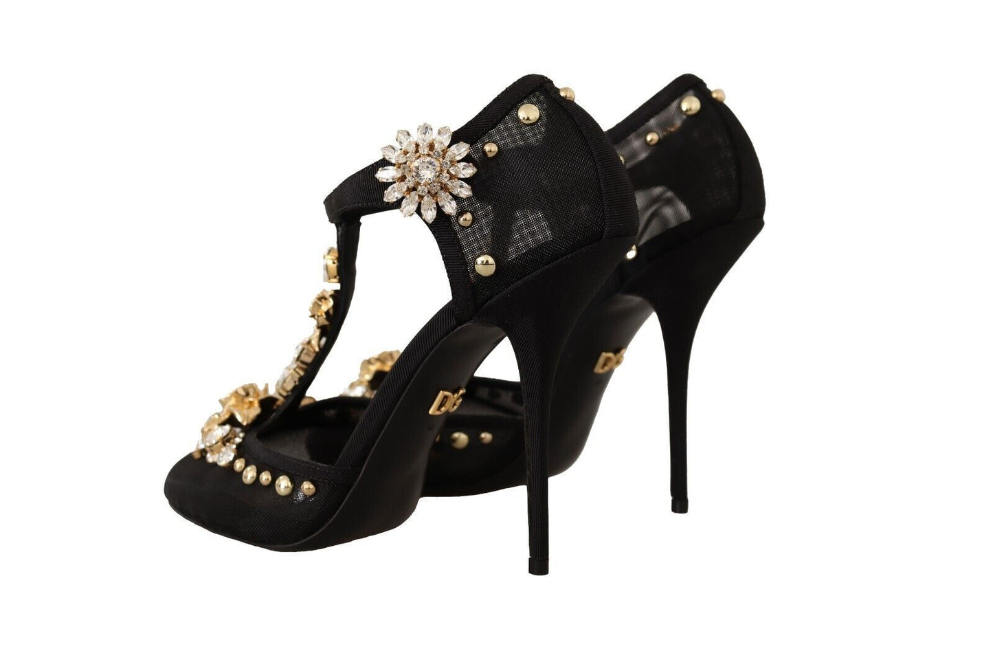 Dolce &amp; Gabbana Black Mesh Crystals T-strap Heels Pumps Shoes