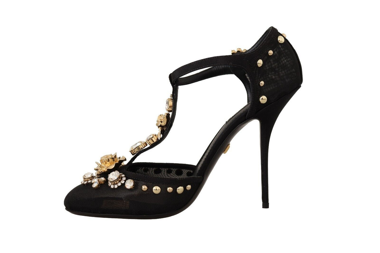 Dolce &amp; Gabbana Black Mesh Crystals T-strap Heels Pumps Shoes