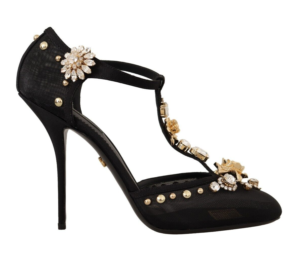 Dolce &amp; Gabbana Black Mesh Crystals T-strap Heels Pumps Shoes