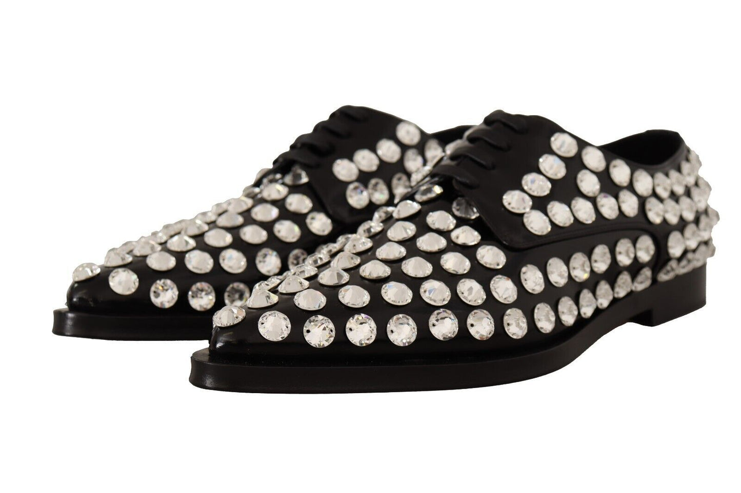 Dolce &amp; Gabbana Black Leather Crystals Lace Up Formal Shoes