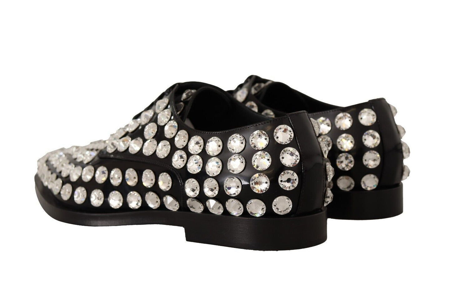 Dolce &amp; Gabbana Black Leather Crystals Lace Up Formal Shoes