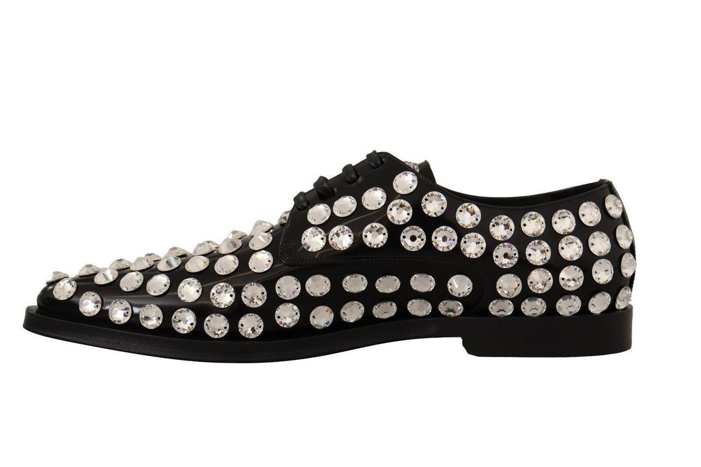 Dolce &amp; Gabbana Black Leather Crystals Lace Up Formal Shoes