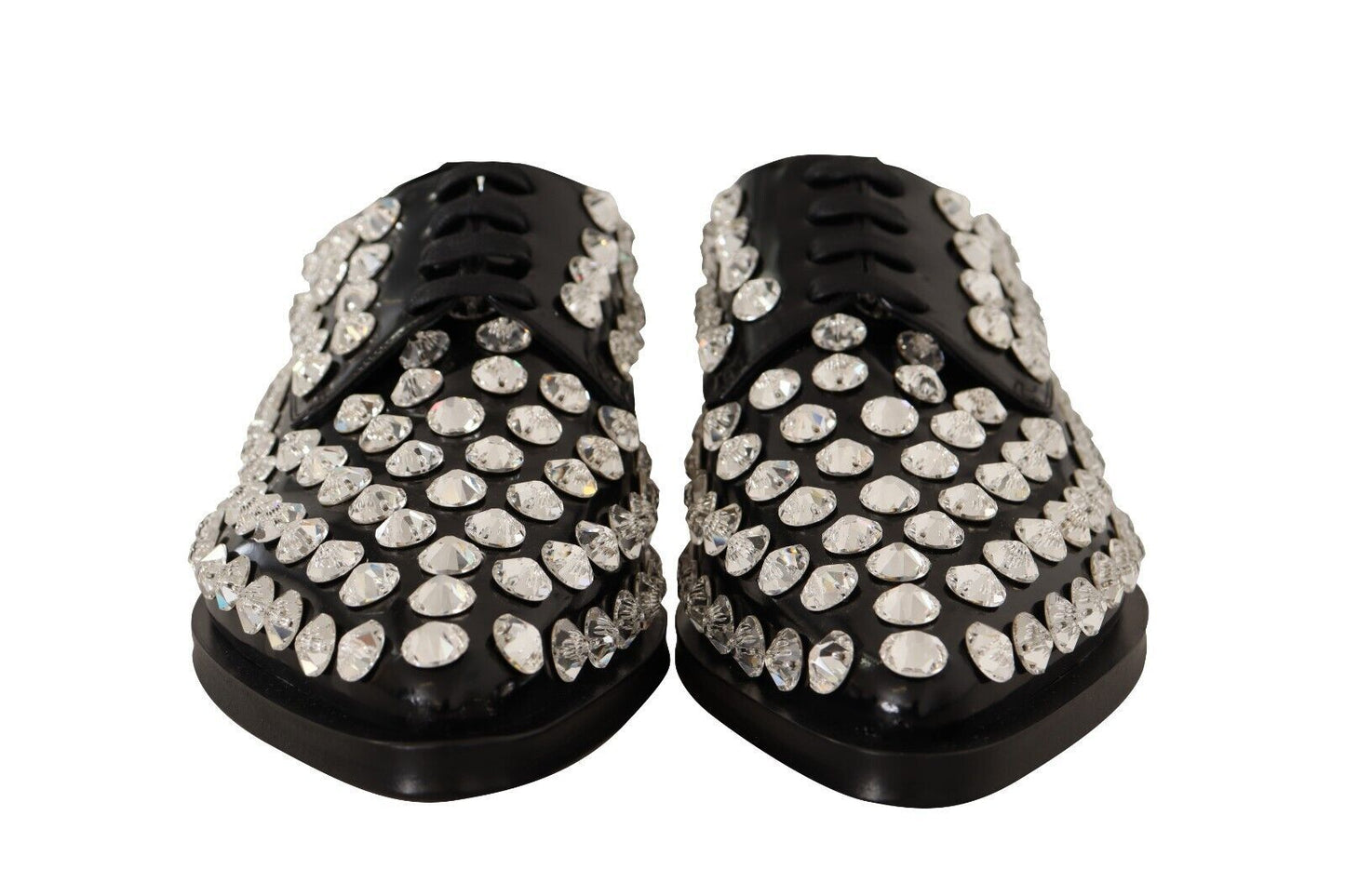 Dolce &amp; Gabbana Black Leather Crystals Lace Up Formal Shoes