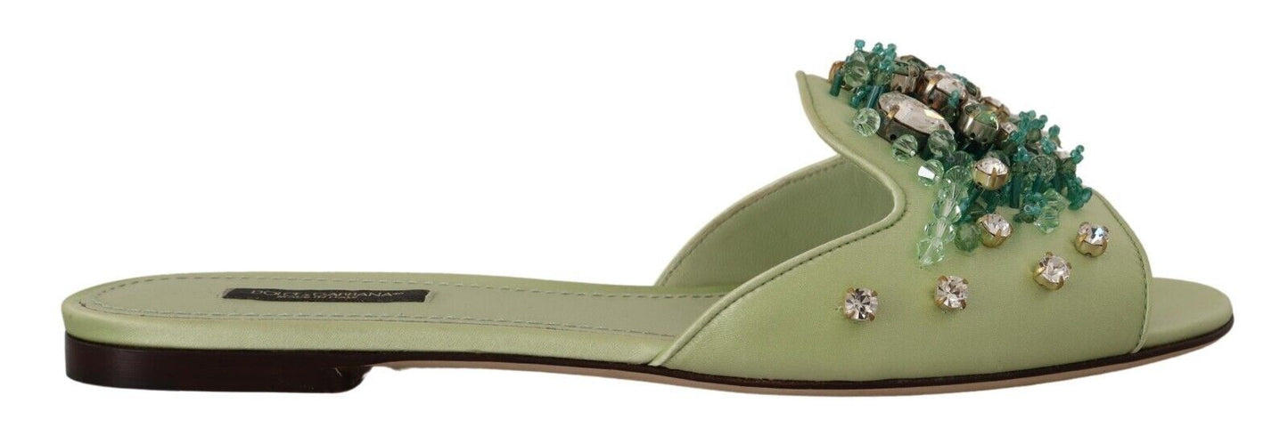 Dolce &amp; Gabbana Grüne Leder-Kristalle-Slides für Damen, flache Schuhe