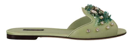 Dolce &amp; Gabbana Green Leather Crystals Slides Women Flats Shoes