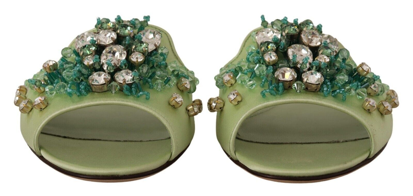 Dolce &amp; Gabbana Green Leather Crystals Slides Women Flats Shoes