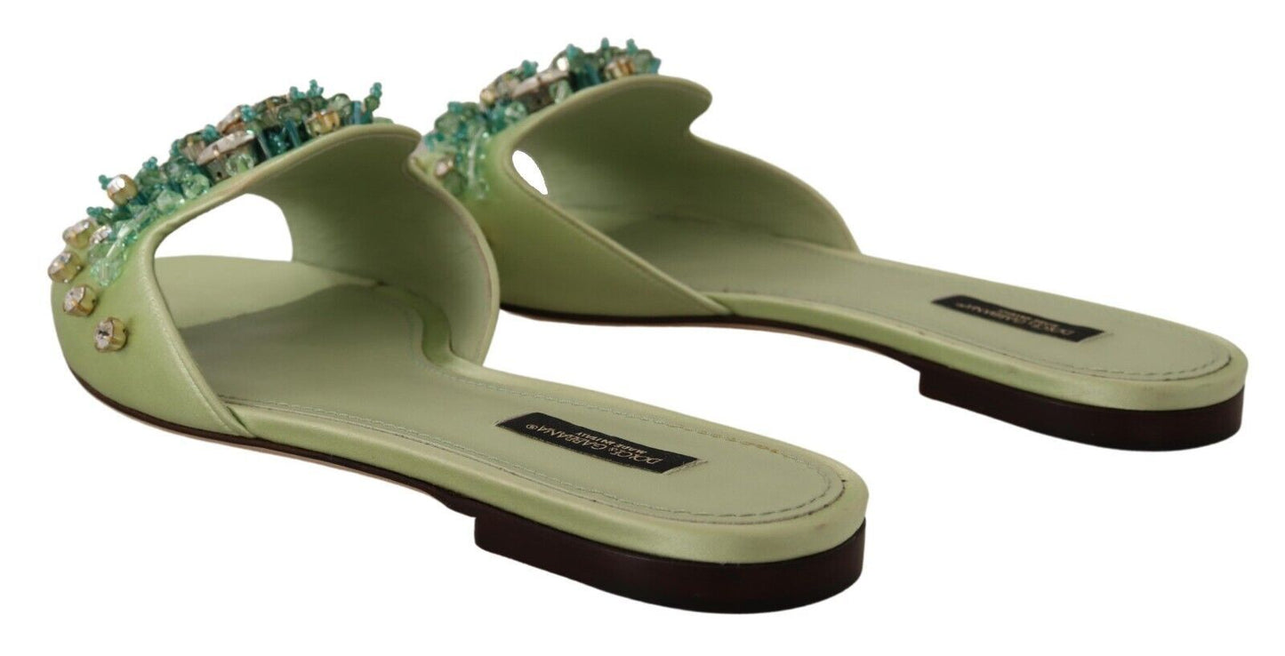 Dolce &amp; Gabbana Green Leather Crystals Slides Women Flats Shoes