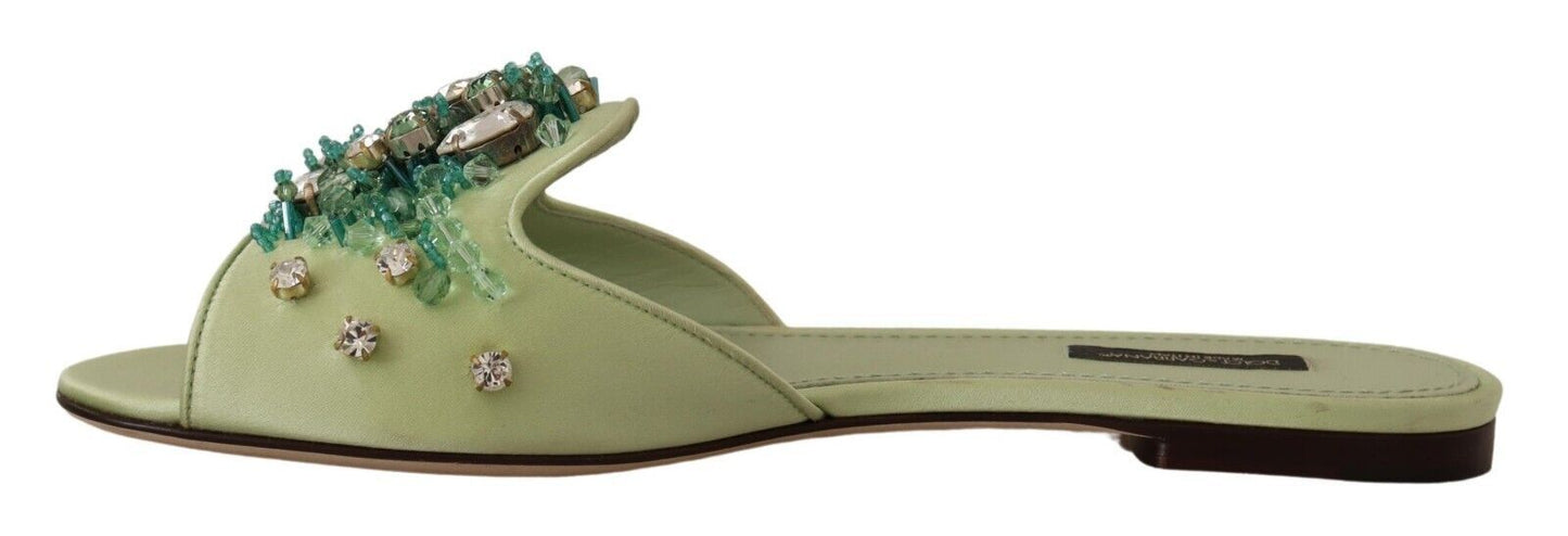 Dolce &amp; Gabbana Green Leather Crystals Slides Women Flats Shoes