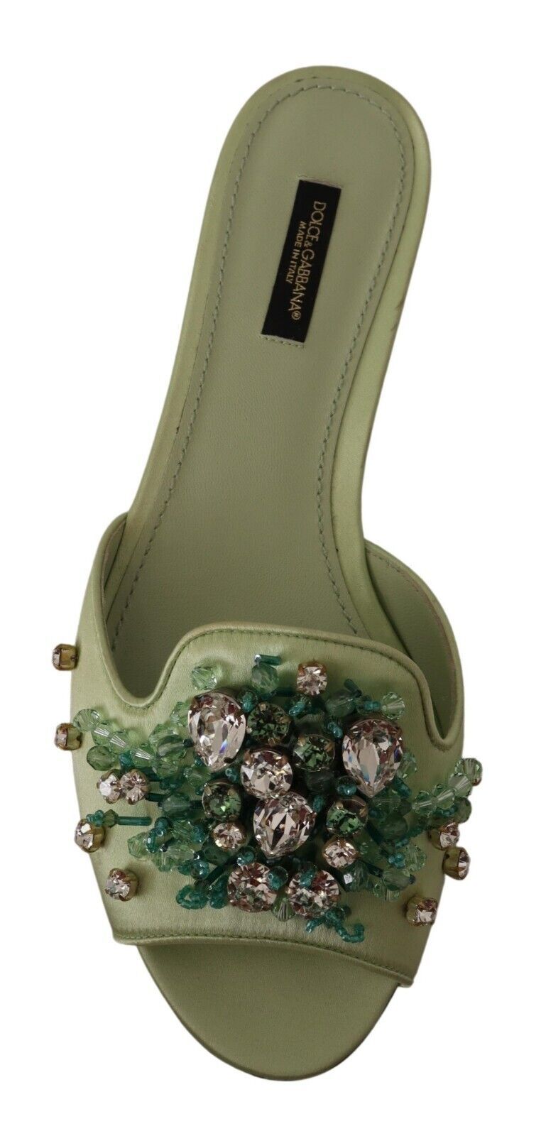 Dolce &amp; Gabbana Green Leather Crystals Slides Women Flats Shoes