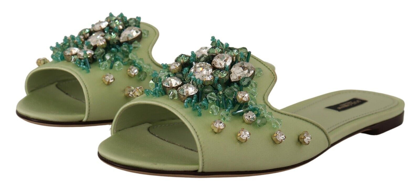 Dolce &amp; Gabbana Green Leather Crystals Slides Women Flats Shoes