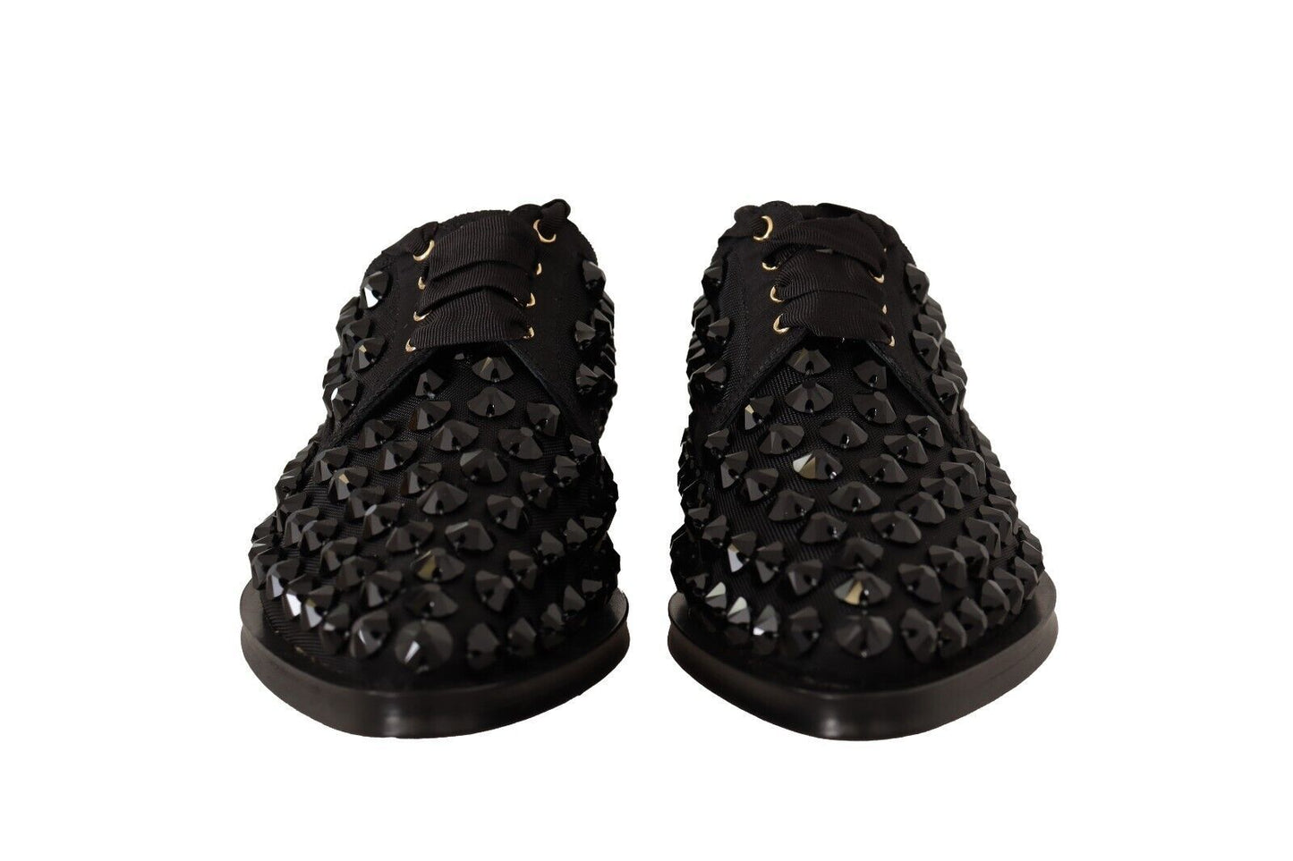 Dolce &amp; Gabbana Black Lace Up Studded Formal Flats Shoes