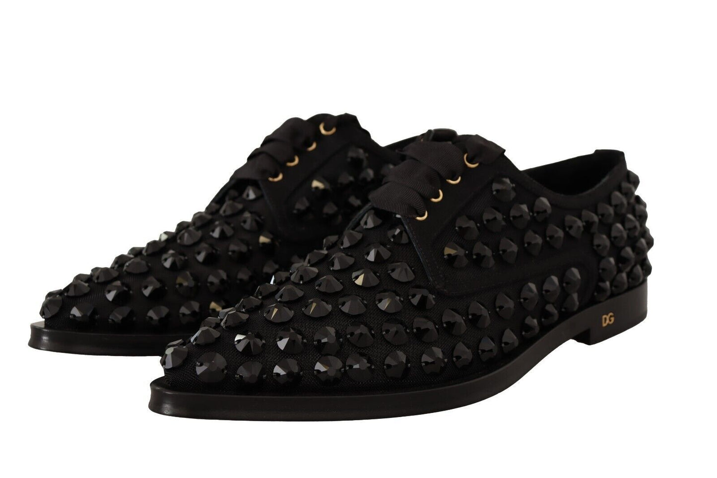 Dolce &amp; Gabbana Black Lace Up Studded Formal Flats Shoes