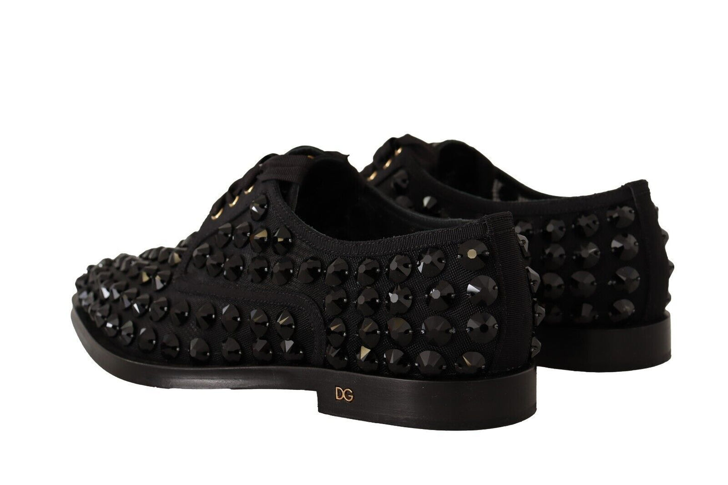 Dolce &amp; Gabbana Black Lace Up Studded Formal Flats Shoes