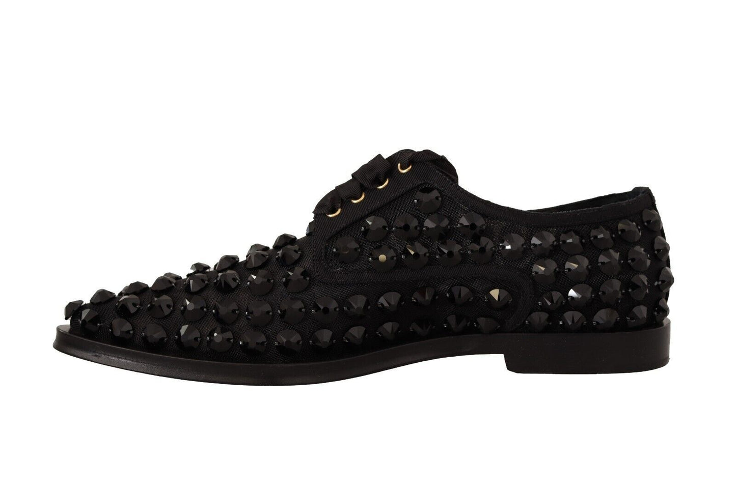 Dolce &amp; Gabbana Black Lace Up Studded Formal Flats Shoes