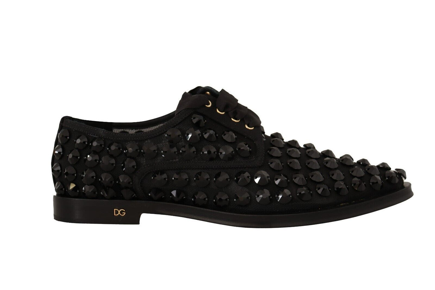 Dolce &amp; Gabbana Black Lace Up Studded Formal Flats Shoes