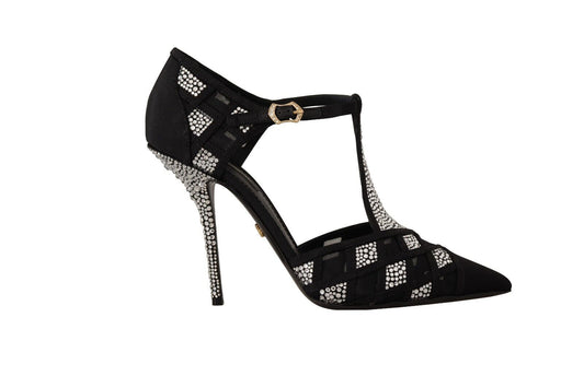 Dolce &amp; Gabbana Black Crystals T-strap Heels Pumps Shoes