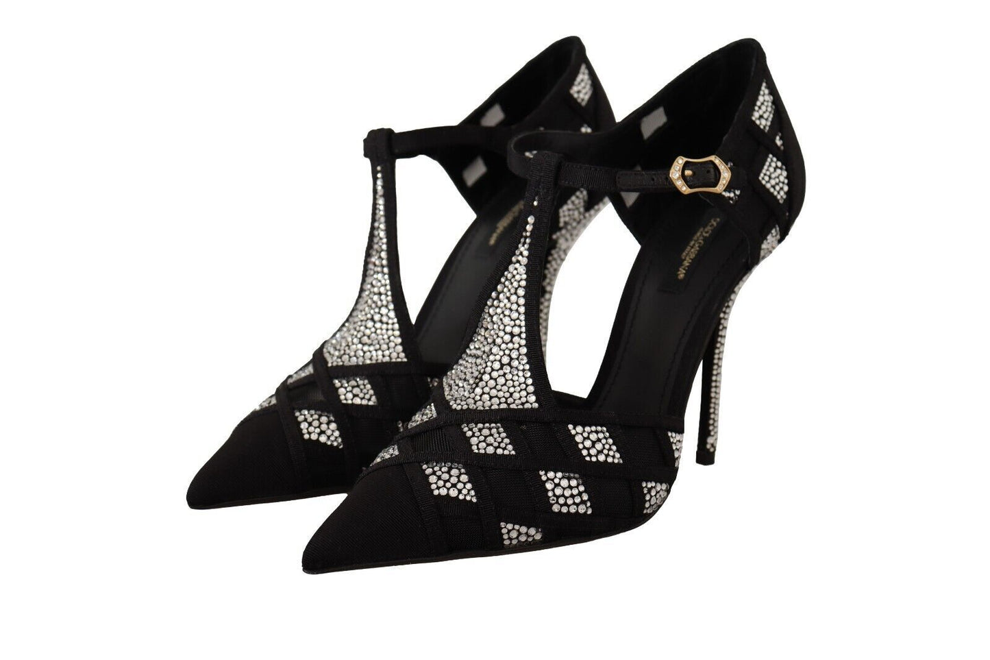 Dolce &amp; Gabbana Black Crystals T-strap Heels Pumps Shoes