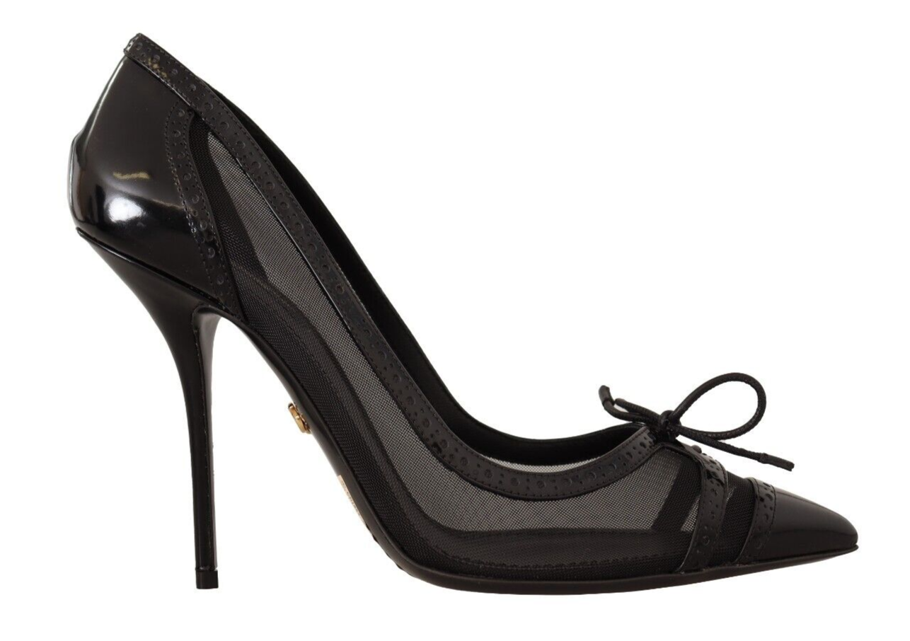 Dolce &amp; Gabbana Black Mesh Leather Pointed Heels Pumps Shoes