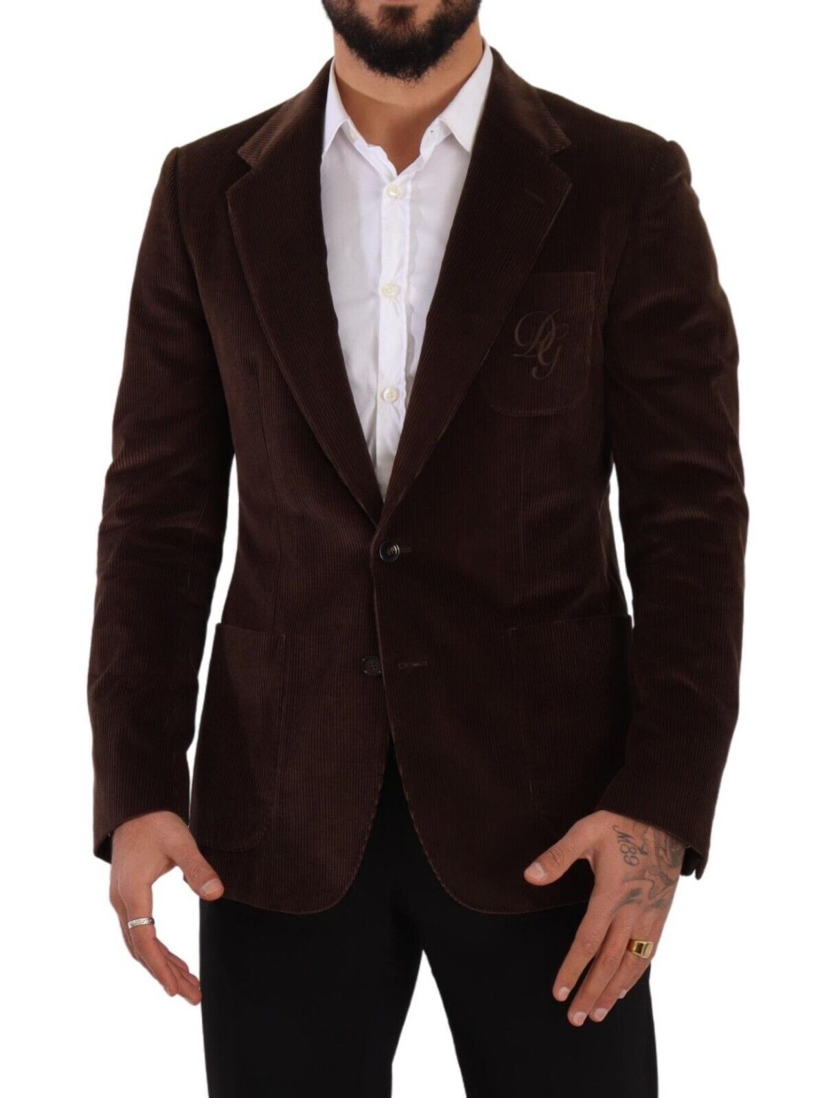 Dolce &amp; Gabbana Brown Corduroy Slim Fit Coat DG Logo Blazer