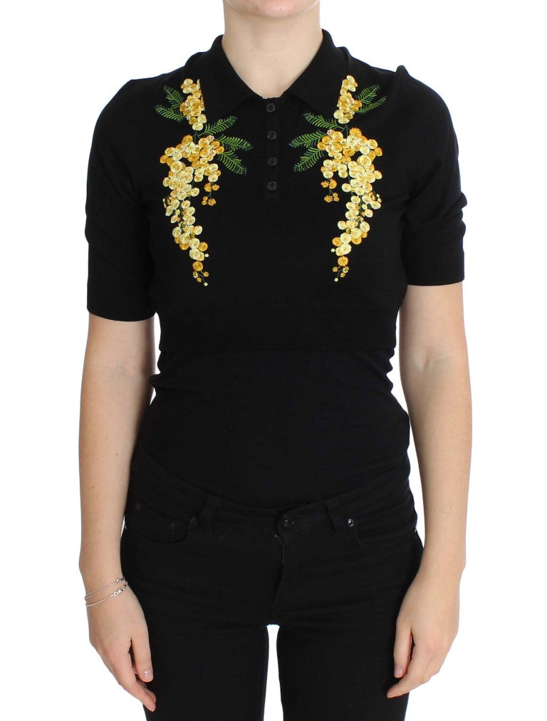 Dolce &amp; Gabbana Poloshirt aus schwarzer Seide mit Blumenstickerei